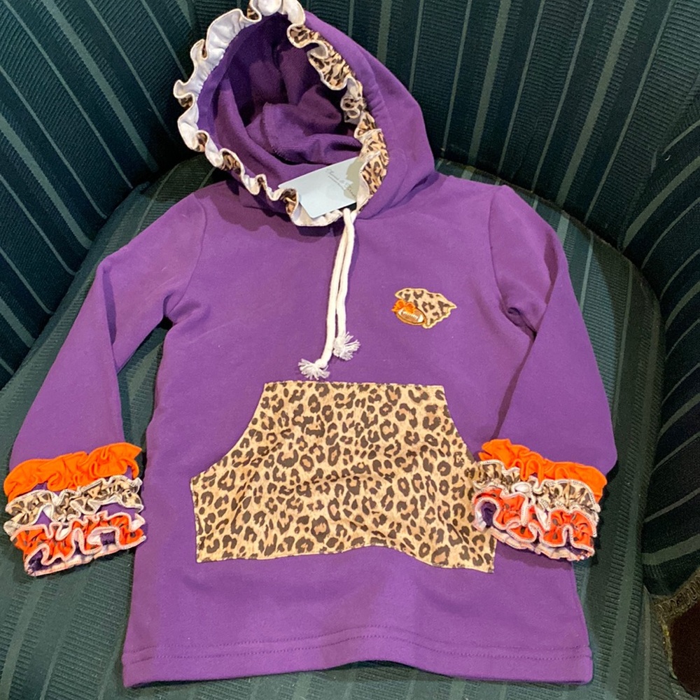 E309 Clemson Girls Football Sweatshirt Sz 3T Cheetah Accent & Ruffles